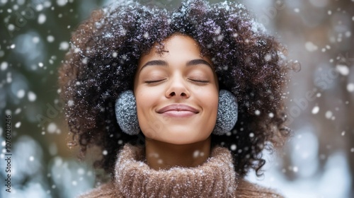 Woman with curly hair in a brown knitted sweater in the snow