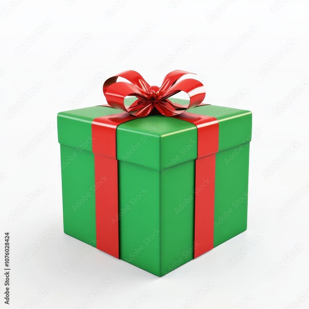 Festive 3D Christmas Gift Box with Red Ribbon and Green Wrapping on White Background Festive 3D Christmas Gift Box with Red Ribbon and Green Wrapping on White Background