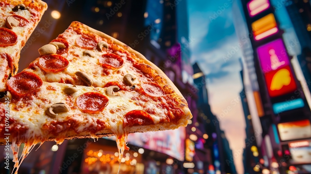Playful, colorful pizza shop logo on cartoon-style billboard with animated pizzas.