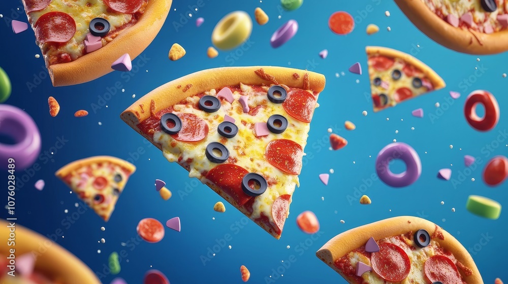 Colorful pizza shop logo on playful cartoon-style billboard with animated pizzas.