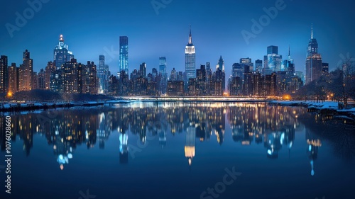 A city skyline at night with the city skyline in the background. High Quality Image