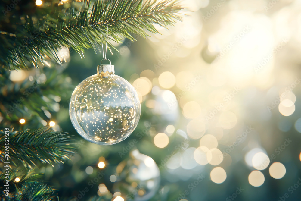 A close-up of a sparkling Christmas ornament hanging on a festive tree. A close-up of a sparkling Christmas ornament hanging on a festive tree.