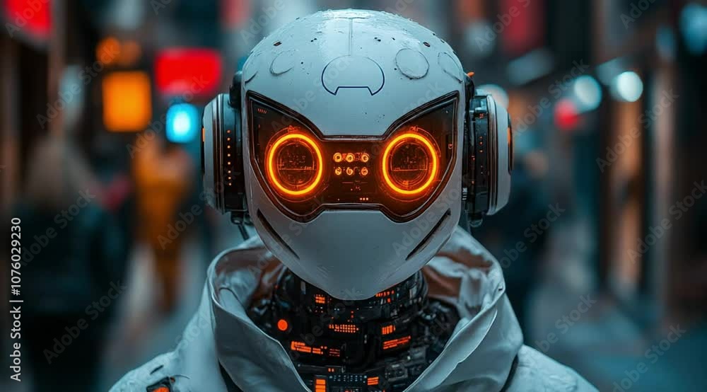 Close up scene of future white assistant robot face, Camera slow motion with different angles Close up scene of future white assistant robot face, Camera slow motion with different angles