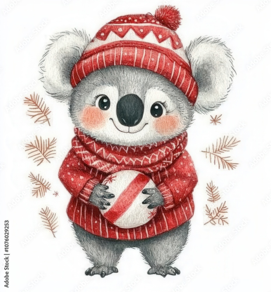 A cute koala in a red sweater and hat holds a Christmas ornament among festive decor A cute koala in a red sweater and hat holds a Christmas ornament among festive decor