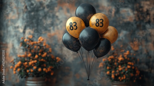 A bunch of black and gold balloons with the number 83 on them float in front of a rustic background.