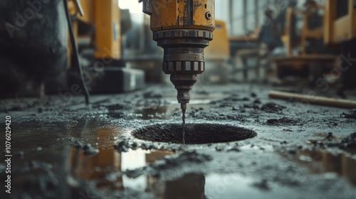 A close-up shot of a drill bit boring into a concrete surface, leaving a small puddle of water in the hole.