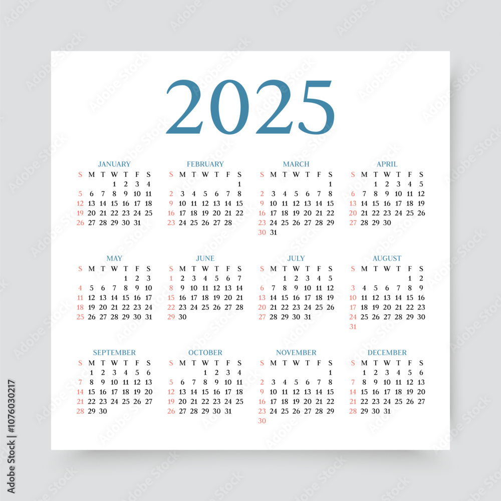 Calendar 2025 year. Calender template. Yearly diary with 12 month. Week starts Sunday. Scheduler layout in English. Planner organizer 2025 year. Minimal square design. Vector illustration. Calendar 2025 year. Calender template. Yearly diary with 12 month. Week starts Sunday. Scheduler layout in English. Planner organizer 2025 year. Minimal square design. Vector illustration.