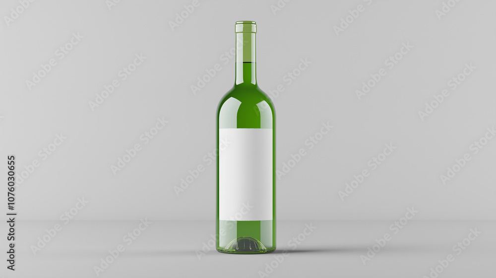 Green glass wine bottle with a blank white label, set against a minimalist gray background. Green glass wine bottle with a blank white label, set against a minimalist gray background.