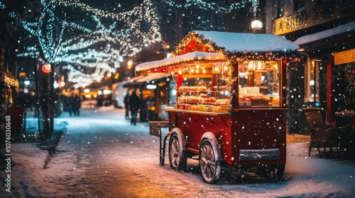 A Red Food Cart Decorated With Lights In A Snowy Winter Night