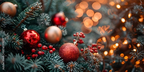 christmas tree on a market with red glittery christmas tree toys and berries, blurry shiny background, copy space
