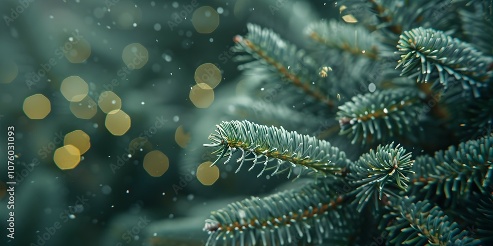 branches of fir trees in the forest, blurry background, snowflakes, copy space branches of fir trees in the forest, blurry background, snowflakes, copy space