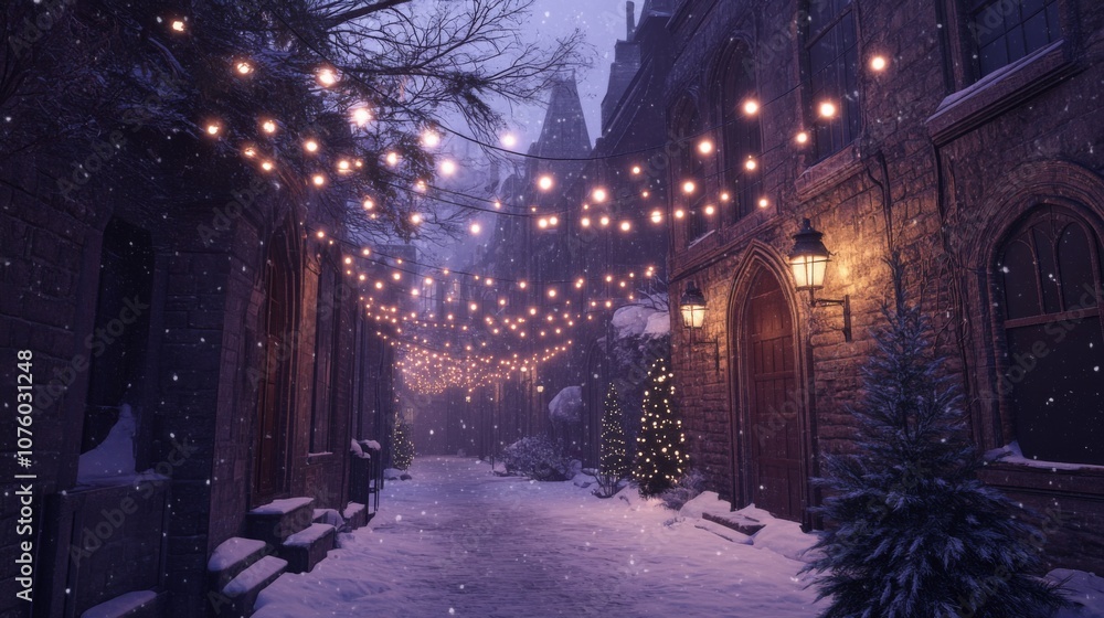 A Snowy, Lantern-Lit Alleyway in a Historic Town A Snowy, Lantern-Lit Alleyway in a Historic Town
