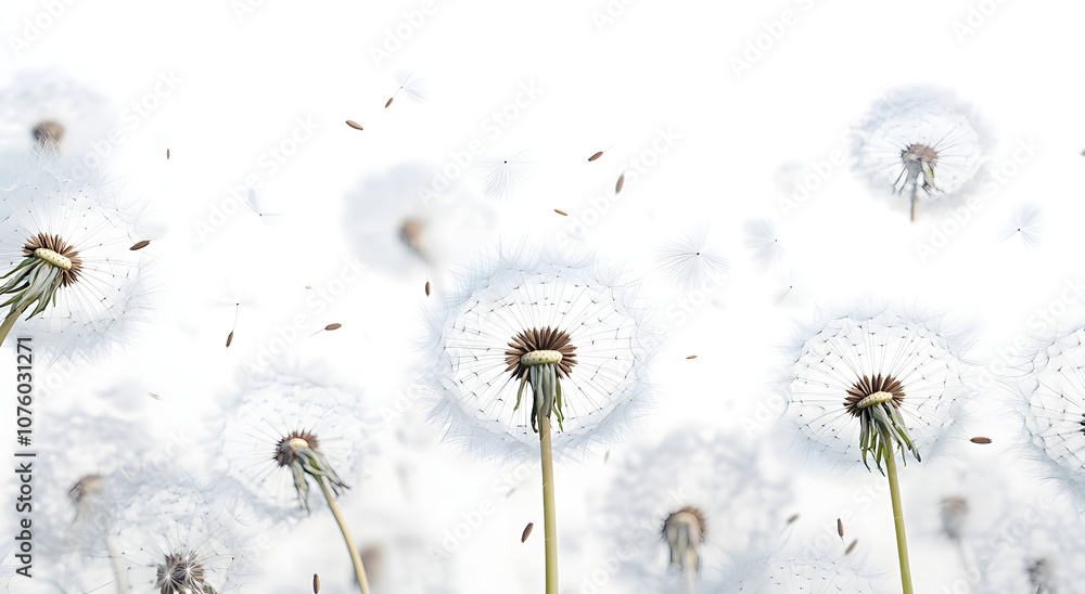 Obraz premium Lots of dandelion seed heads at different focal distances and sizes as if in a field with seeds floating away in the wind on a transparent background.