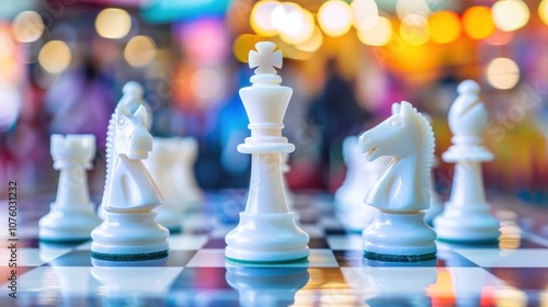 A white bishop sits prominently on a glass chessboard, enhanced by reflections and soft, natural lighting for a striking effect. Generative AI photo