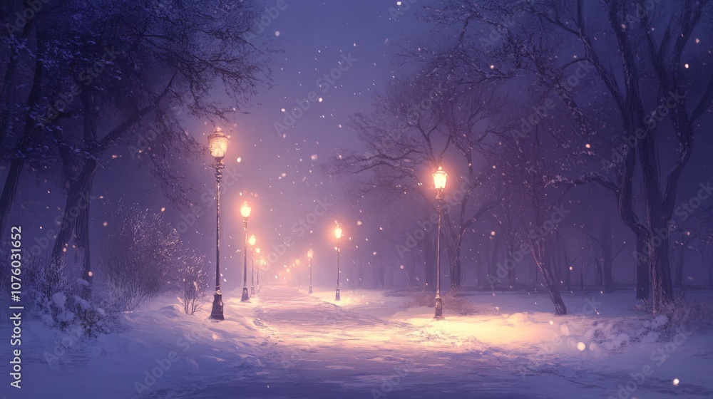 Snowy Path with Illuminated Streetlights in a Twilight Forest Snowy Path with Illuminated Streetlights in a Twilight Forest