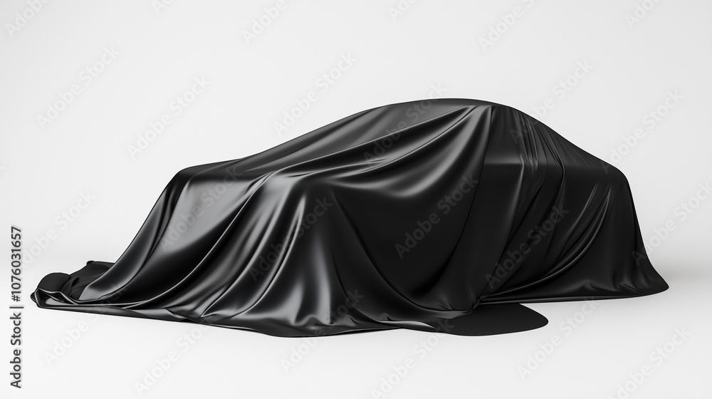 Mysterious car covered with a smooth black cloth on a plain white background, suggesting a vehicle reveal. Mysterious car covered with a smooth black cloth on a plain white background, suggesting a vehicle reveal.