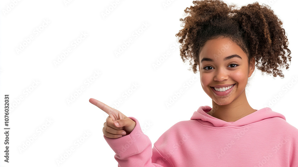 Young african american woman pointing finger up at copy space on white background. Young african american woman pointing finger up at copy space on white background.