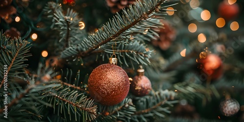 orange christmas tree toys are hanging on the branches of a fir tree, copy space