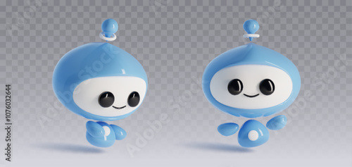 3d cute ai robot character. Chat bot mascot isolated vector icon. Digital artificial intelligence chatbot set. Virtual futuristic toy smile. Kids agent with face and eye. Electric cyborg assistant