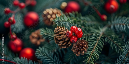 green branches of fir trees with cones and berries background, nature, copy space