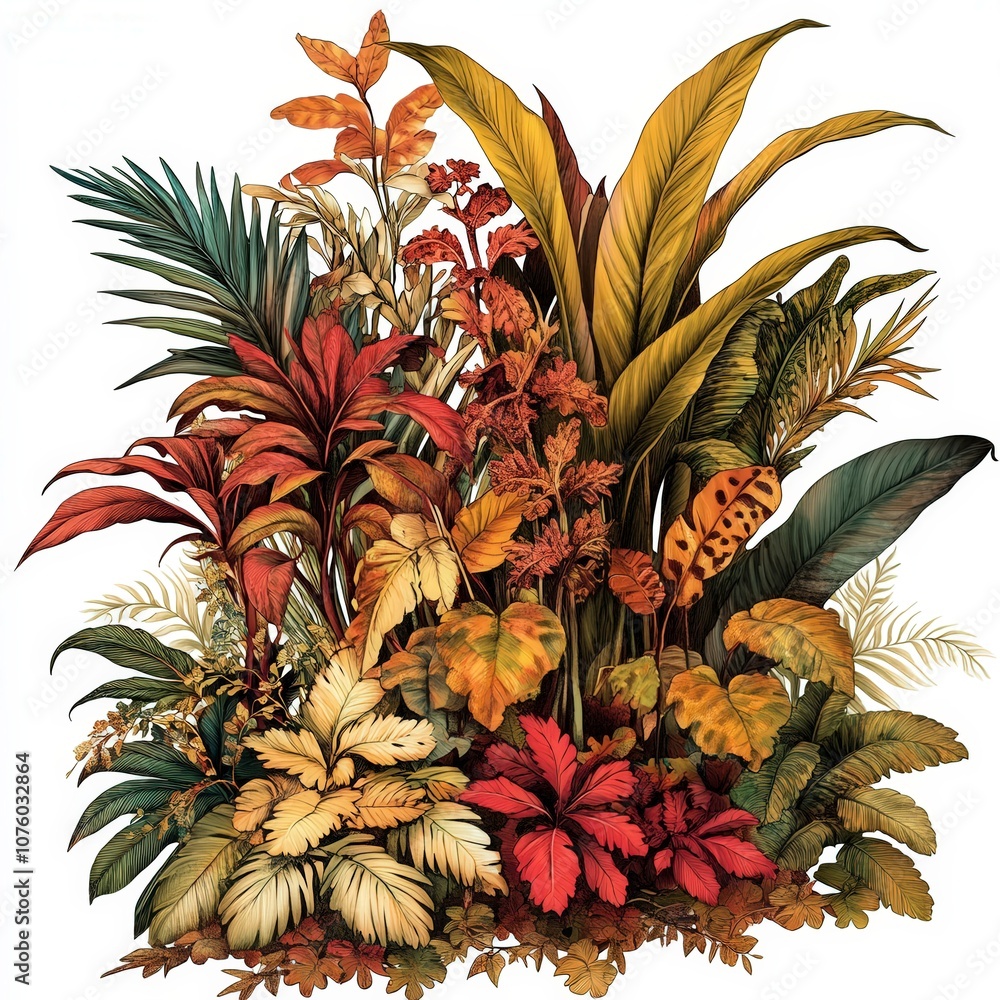 Obraz premium Vibrant tropical foliage in warm autumn hues arranged artistically on a white background