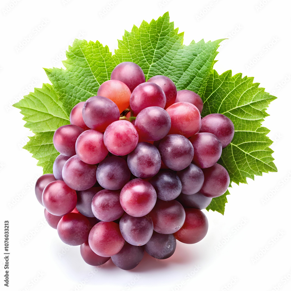 Fototapeta premium A cluster of red grapes with a vibrant green leaf is isolated against a white background.