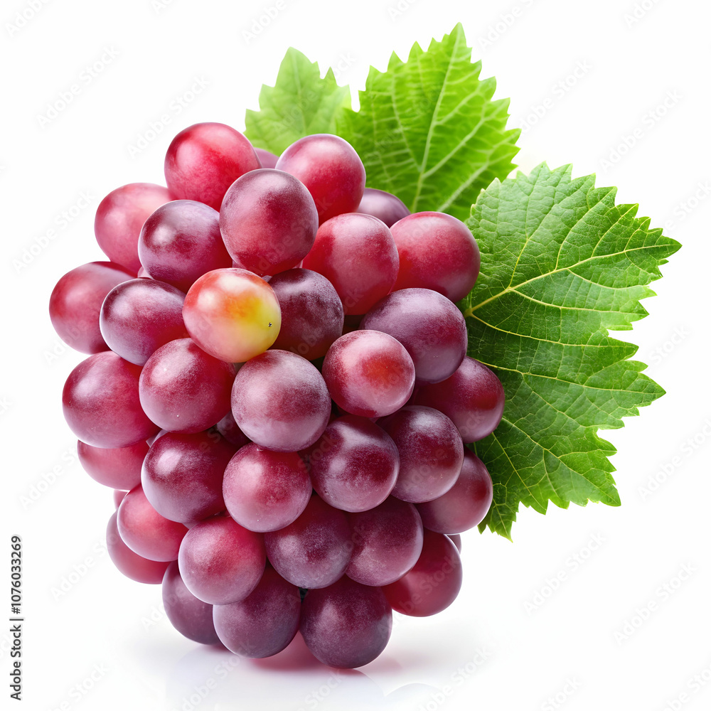 Fototapeta premium A cluster of red grapes with a vibrant green leaf is isolated against a white background.