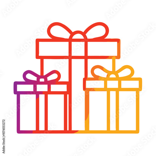 Gradient gift boxes icon with bows, Vector illustration of three gift boxes in a red-orange gradient outline, featuring decorative bows, symbolizing celebration and presents.
