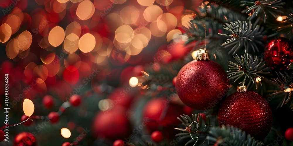 Beautiful Christmas Background with green fir tree brunch and red glittery toy close up. Copy space Beautiful Christmas Background with green fir tree brunch and red glittery toy close up. Copy space