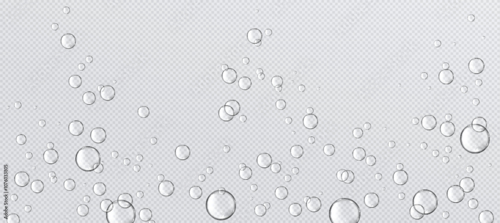Fizzy water bubbles floating on transparent background. Multiple sized spherical shapes for effervescent pattern. Realistic 3d vector natural carbonated liquid effect with scattered droplets. Fizzy water bubbles floating on transparent background. Multiple sized spherical shapes for effervescent pattern. Realistic 3d vector natural carbonated liquid effect with scattered droplets.
