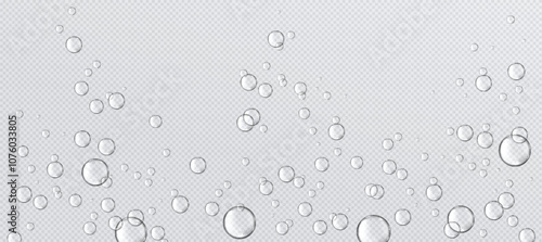 Fizzy water bubbles floating on transparent background. Multiple sized spherical shapes for effervescent pattern. Realistic 3d vector natural carbonated liquid effect with scattered droplets.