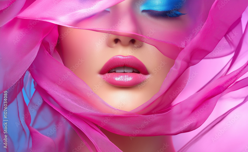Close-up of a woman's lips and face partially covered by a flowing pink and blue fabric, creating a soft, ethereal look. Close-up of a woman's lips and face partially covered by a flowing pink and blue fabric, creating a soft, ethereal look.