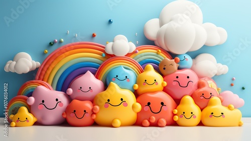 A group of colorful, happy, cartoon raindrops and clouds against a light blue background with a rainbow.