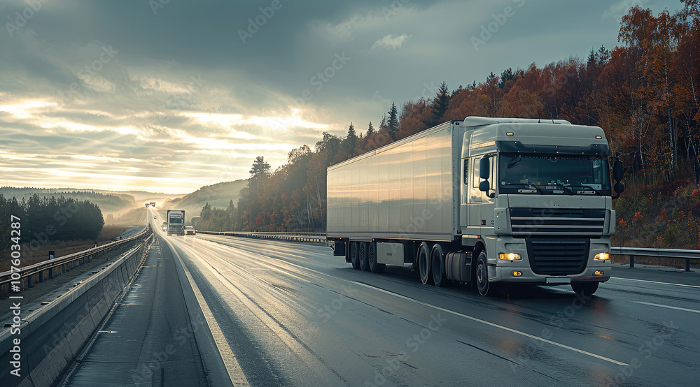 A moving truck passing through a highway. A moving truck passing through a highway.