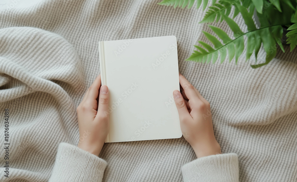 Person holding a blank notebook while wrapped in a cozy sweater, with a soft blanket and a green plant nearby. Person holding a blank notebook while wrapped in a cozy sweater, with a soft blanket and a green plant nearby.
