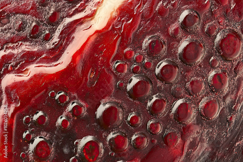 Red macro bubbles on abstract background, vibrant texture photo