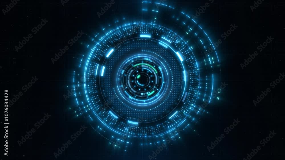 Blue holographic advanced HUD circle platform. Futuristic digital technology animated background concept.