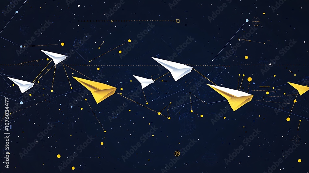 Fototapeta premium A simple paper airplane chain diagram, Paper plane with icons