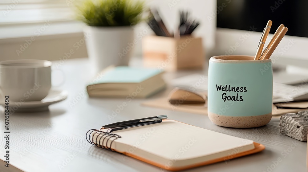A cozy workspace featuring a cup of coffee, a notepad, a A cozy workspace featuring a cup of coffee, a notepad, a