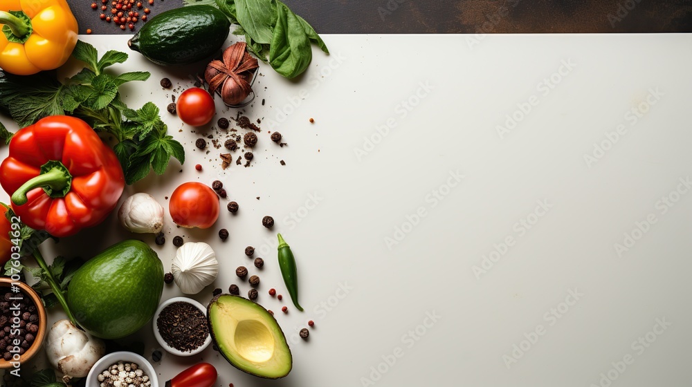 A flat lay of fresh vegetables, herbs, and spices, arranged on a white surface with copy space. A flat lay of fresh vegetables, herbs, and spices, arranged on a white surface with copy space.