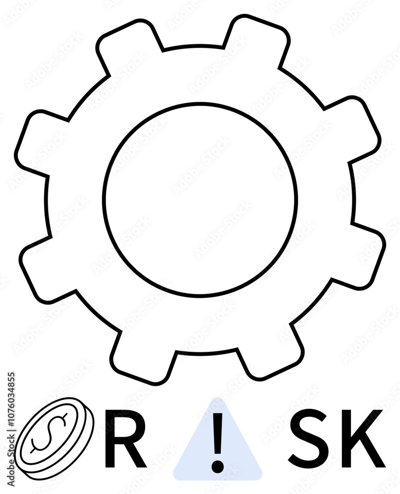 Gear with a currency symbol on the left, a warning triangle with an exclamation mark in the center, and letters R and SK. Ideal for finance, investment, risk management, business strategy, financial Gear with a currency symbol on the left, a warning triangle with an exclamation mark in the center, and letters R and SK. Ideal for finance, investment, risk management, business strategy, financial