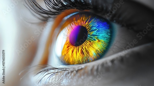 Close-up of a colorful rainbow eye isolated on panoramic background and colors vision. High Quality Image