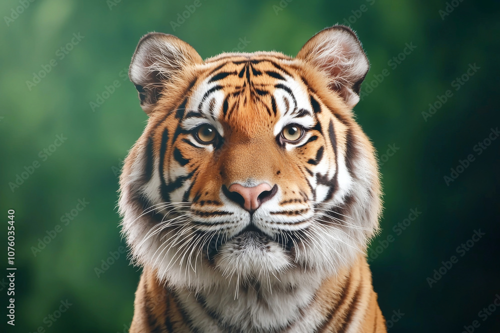 A majestic tiger gazes intensely amidst a lush green background, showcasing its power. A majestic tiger gazes intensely amidst a lush green background, showcasing its power.