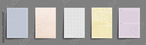 School notebook paper. Diary note page vector. Memo notepad frame with crumpled realistic effect. Grid pattern copybook mockup. Checkered patern template for planner or banner isolated design