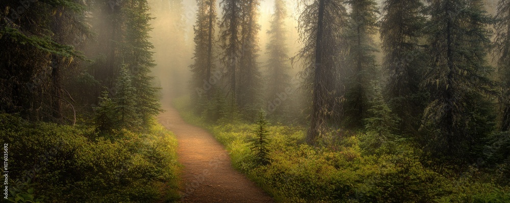 Obraz premium A serene forest path illuminated by soft morning light through tall trees.