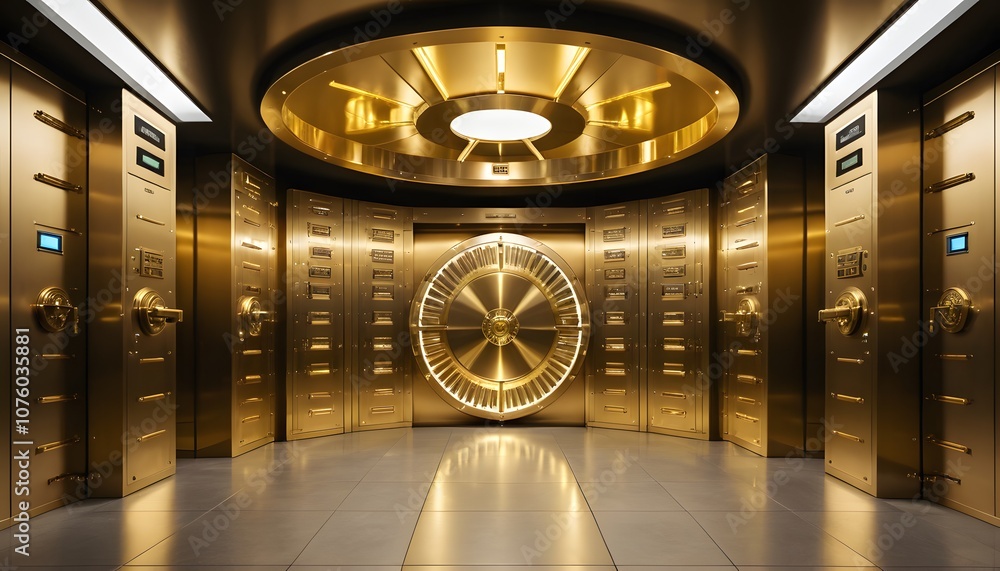 Naklejka premium Opulent bank vault interiorwith golden circular door