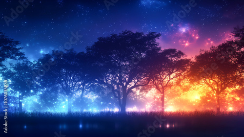 A mesmerizing twilight landscape with vibrant colors and silhouette of trees.