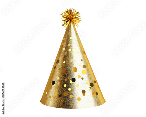 A festive gold party hat adorned with shiny dots, perfect for celebrations and events.