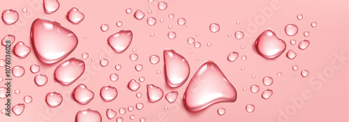 Pink water drop background. 3d collagen droplet. Liquid oil essence on surface. Abstract realistic cosmetic product puddle bg. Skincare acid texture macro design. Natural glossy hyaluron spray