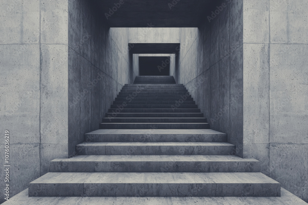 A modern, minimalistic staircase leading into a concrete space with intriguing angles. A modern, minimalistic staircase leading into a concrete space with intriguing angles.